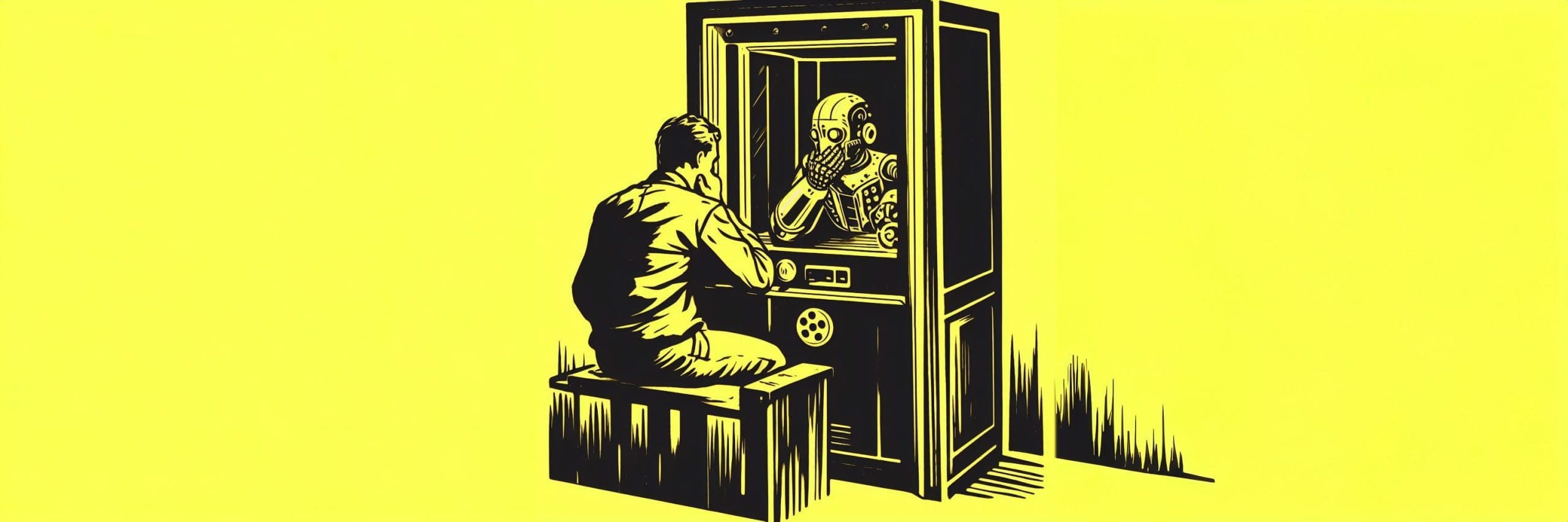 A monochromatic image dominated by a vivid yellow background showcases a stark silhouette of a man seated on a stool, attentively peering into an arcade-style booth. Inside the booth, a humanoid robot, rendered in black, mirrors the man's posture with a hand on its chin, reminiscent of Rodin's 'The Thinker.' The booth and the robot are detailed in a style that evokes the bold lines and stark contrasts of social realist propaganda art, contrasting with the minimalist, flat yellow surrounding. The scene humorously plays on the notion of work and the evolving roles between humans and technology, in a style that purposefully distances itself from the polished aesthetics commonly associated with AI imagery.